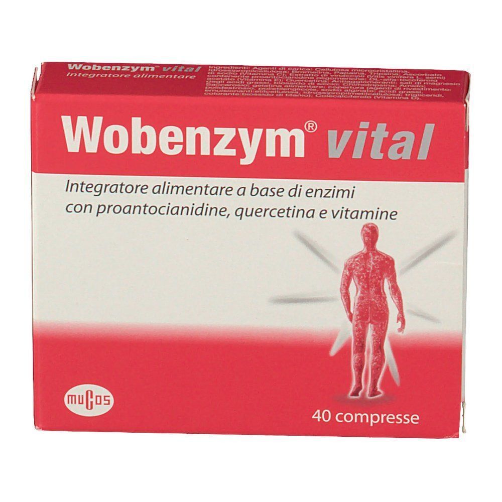 Fronte di una confezione di Wobenzym® Vital. Scatola rossa con nome del prodotto, descrizione, silhouette umana e 40 compresse.