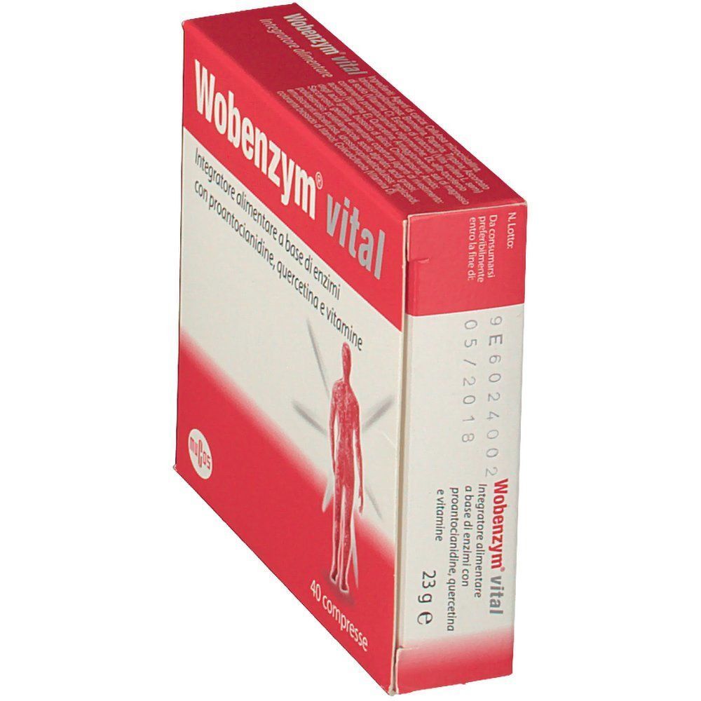Confezione di Wobenzym Vital, vista di lato in obliquo, con dettagli informativi sul retro.