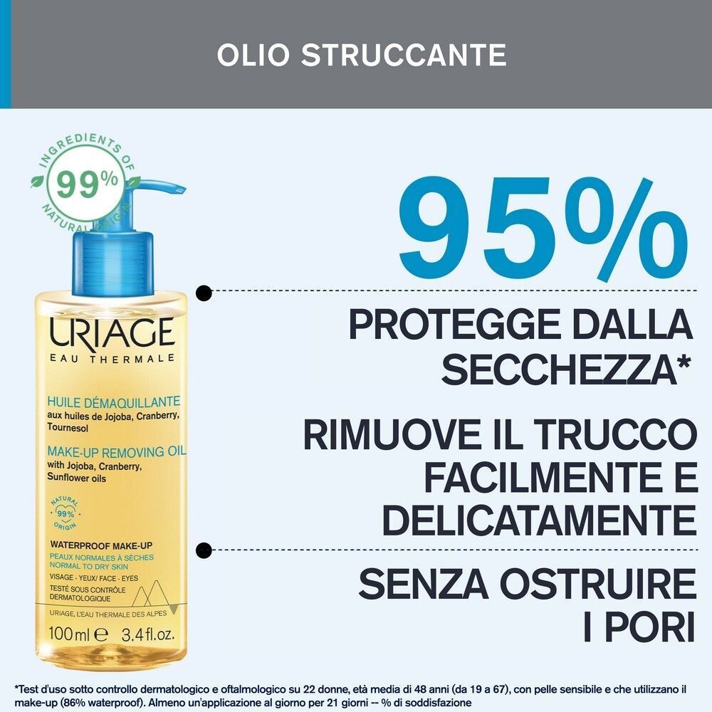 Flacone di Olio Struccante Uriage con testo su protezione dalla secchezza e rimozione delicata del trucco.