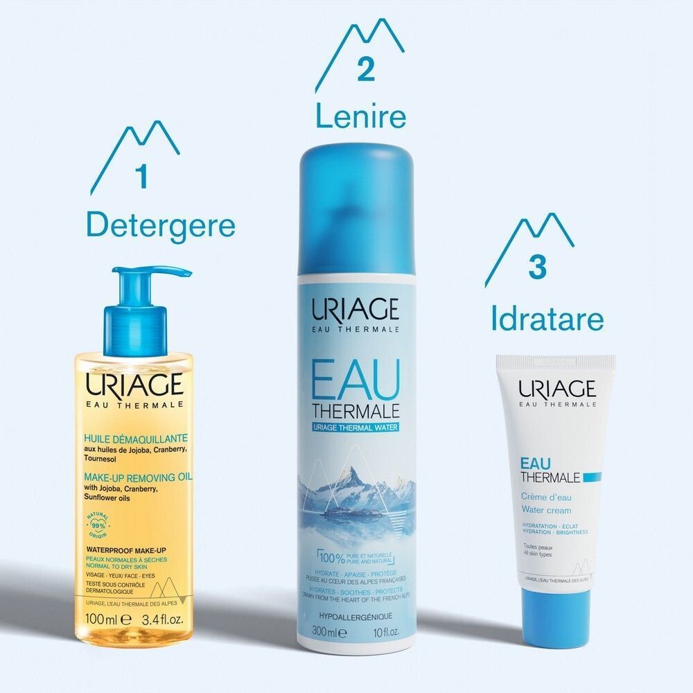 Prodotti Uriage: Detergere, Lenire, Idratare. Con Olio Struccante, Acqua Termale, Crema d'Acqua.