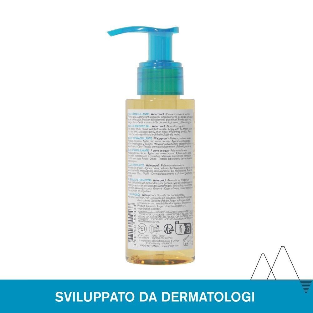 Retro di un flacone di Olio Struccante Uriage con ingredienti e istruzioni.
