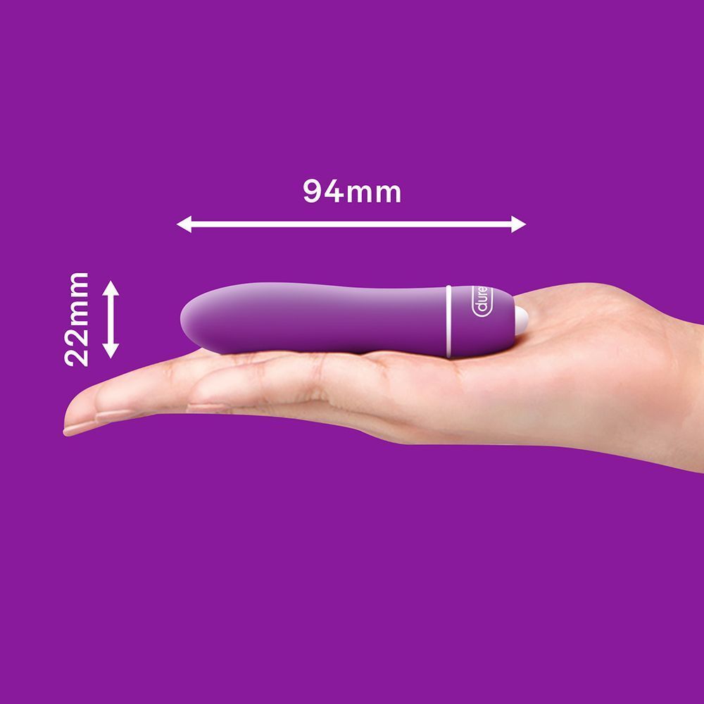 Mini vibratore Durex viola in mano, lungo 94mm, diametro 22mm.