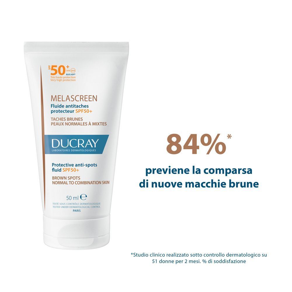 Tubo Ducray Melascreen Fluido SPF50+ con indicazione di efficacia.