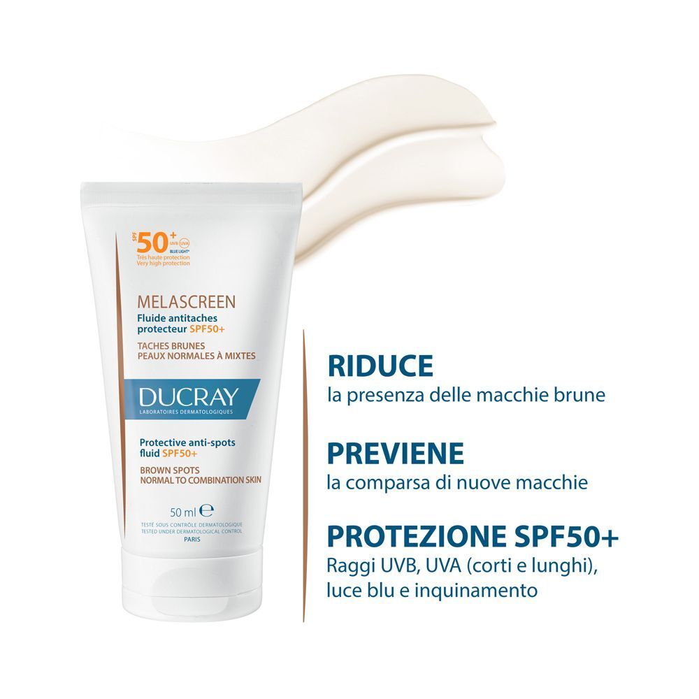 Un tubo di Ducray Melascreen Fluido con SPF50+ e informazioni sul prodotto.