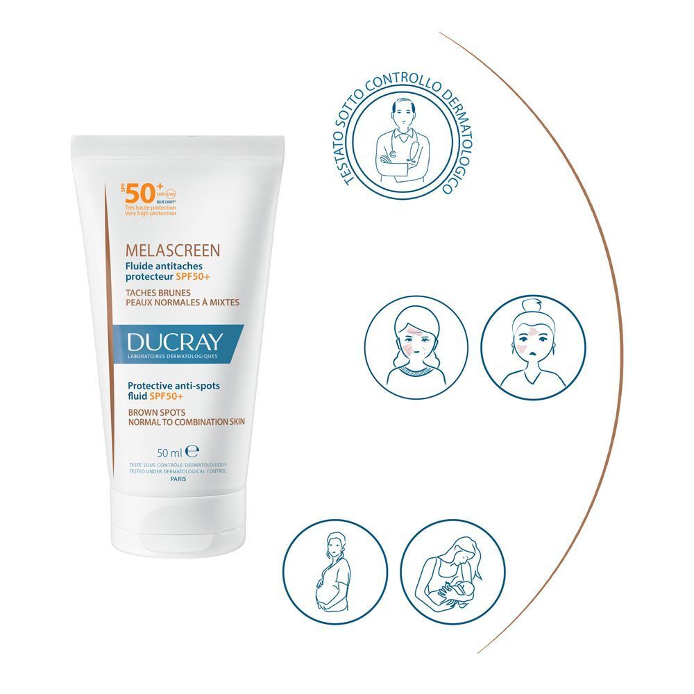 Tubo Ducray Melascreen Fluido SPF50+ con simboli di test dermatologico.