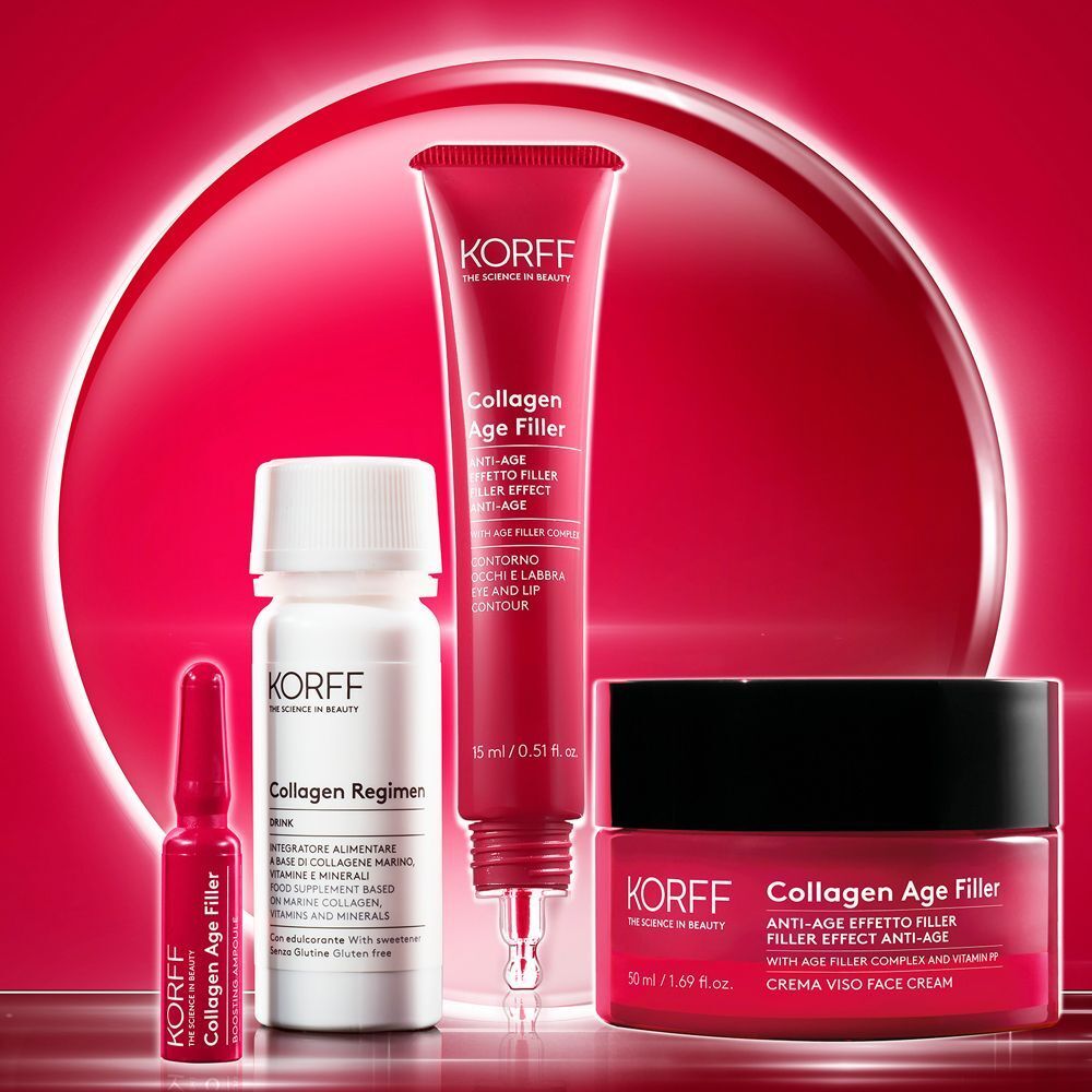Linea prodotti KORFF Collagen Age Filler: crema viso, siero, fiale e contorno occhi.