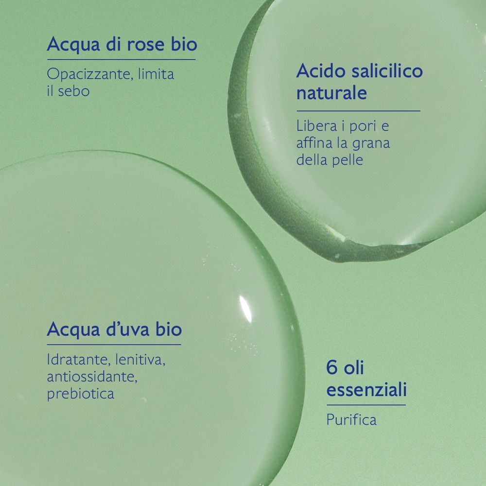 Ingredienti della lozione purificante Caudalie Vinopure: acqua di rose bio, acido salicilico, acqua d'uva bio, 6 oli essenziali.
