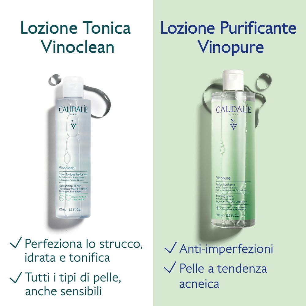 Confronto tra lozioni Caudalie Vinoclean e Vinopure.