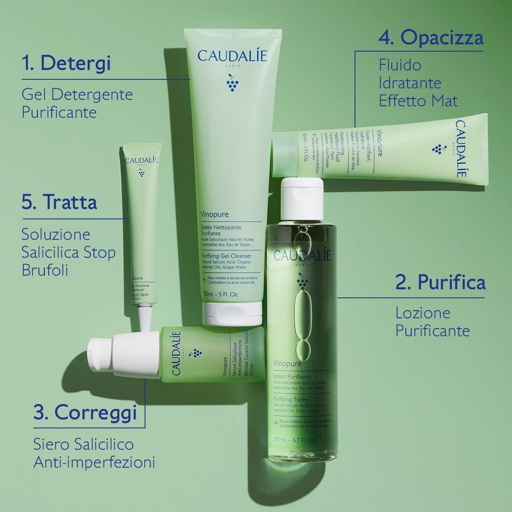 Gamma skincare Caudalie Vinopure: gel detergente, lozione purificante, siero acido salicilico, fluido opacizzante.
