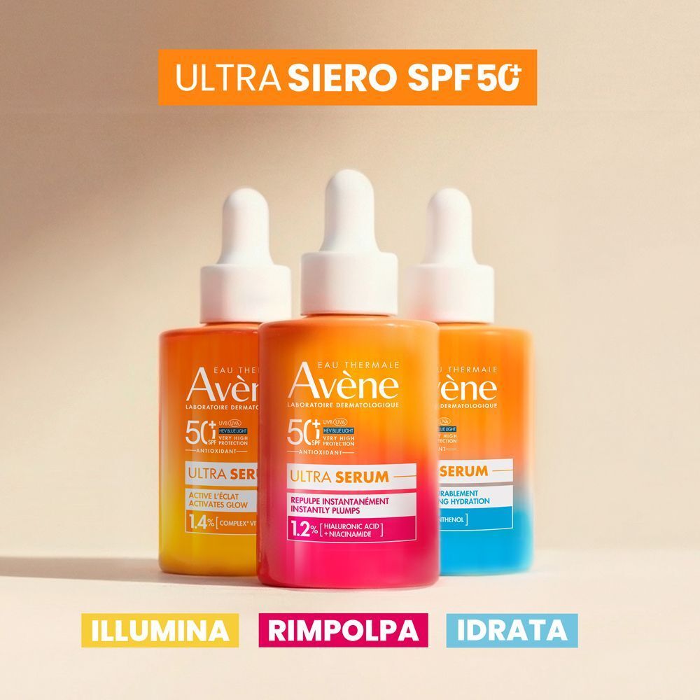 Tre flaconi Eau Thermale Avène Ultra Siero SPF50+ per luminosità, rimpolpare, idratare.