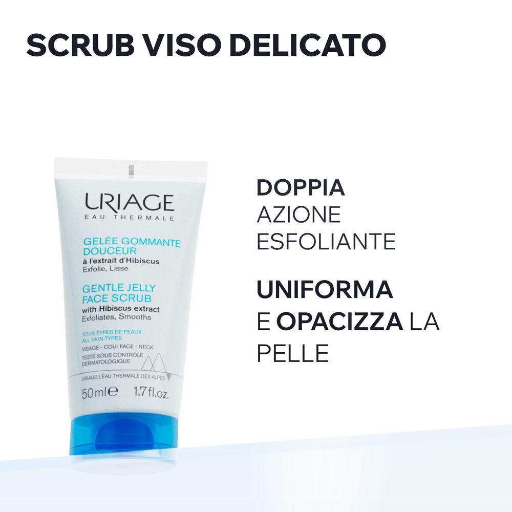 Tubo Uriage Gentle Jelly Face Scrub con estratto di ibisco. Doppia azione esfoliante.