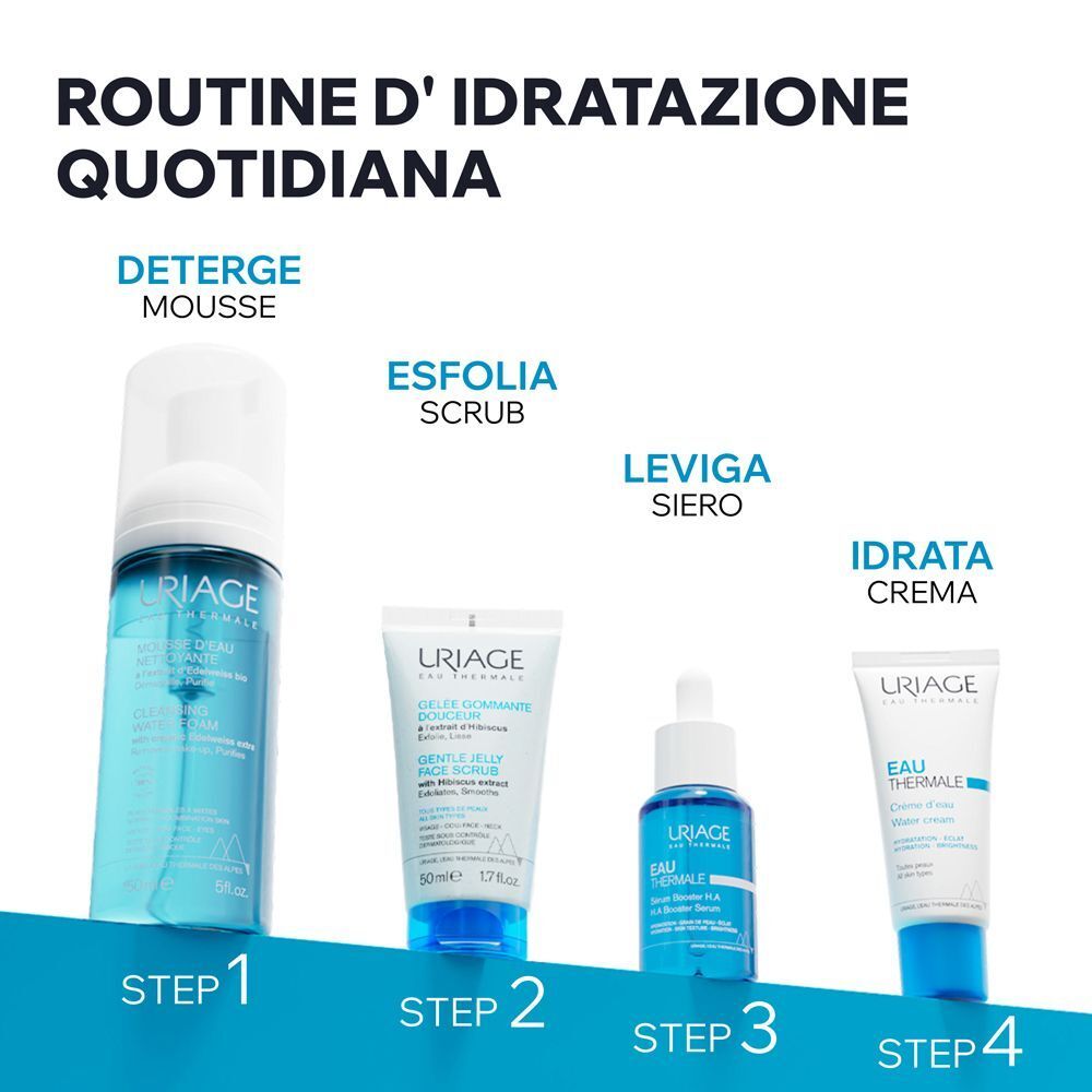 Routine d'idratazione quotidiana: Mousse detergente, scrub, siero, crema. Prodotti URIAGE.