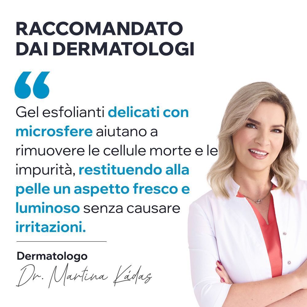 Dermatologa raccomanda URIAGE gel esfoliante con microsfere per pelle fresca e luminosa senza irritazioni.