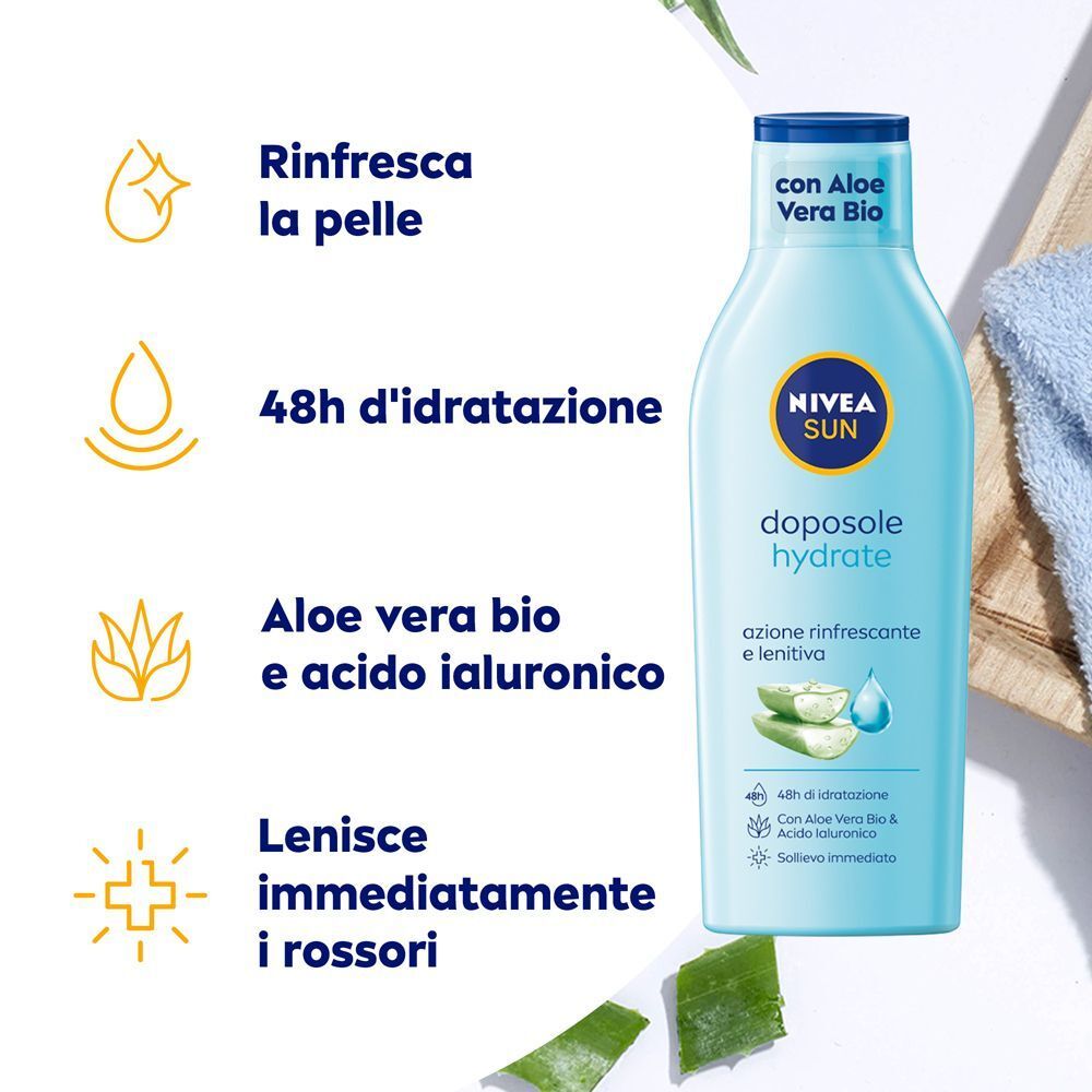 Nivea Sun Latte Doposole Hydrate con Aloe Vera Bio e acido ialuronico.