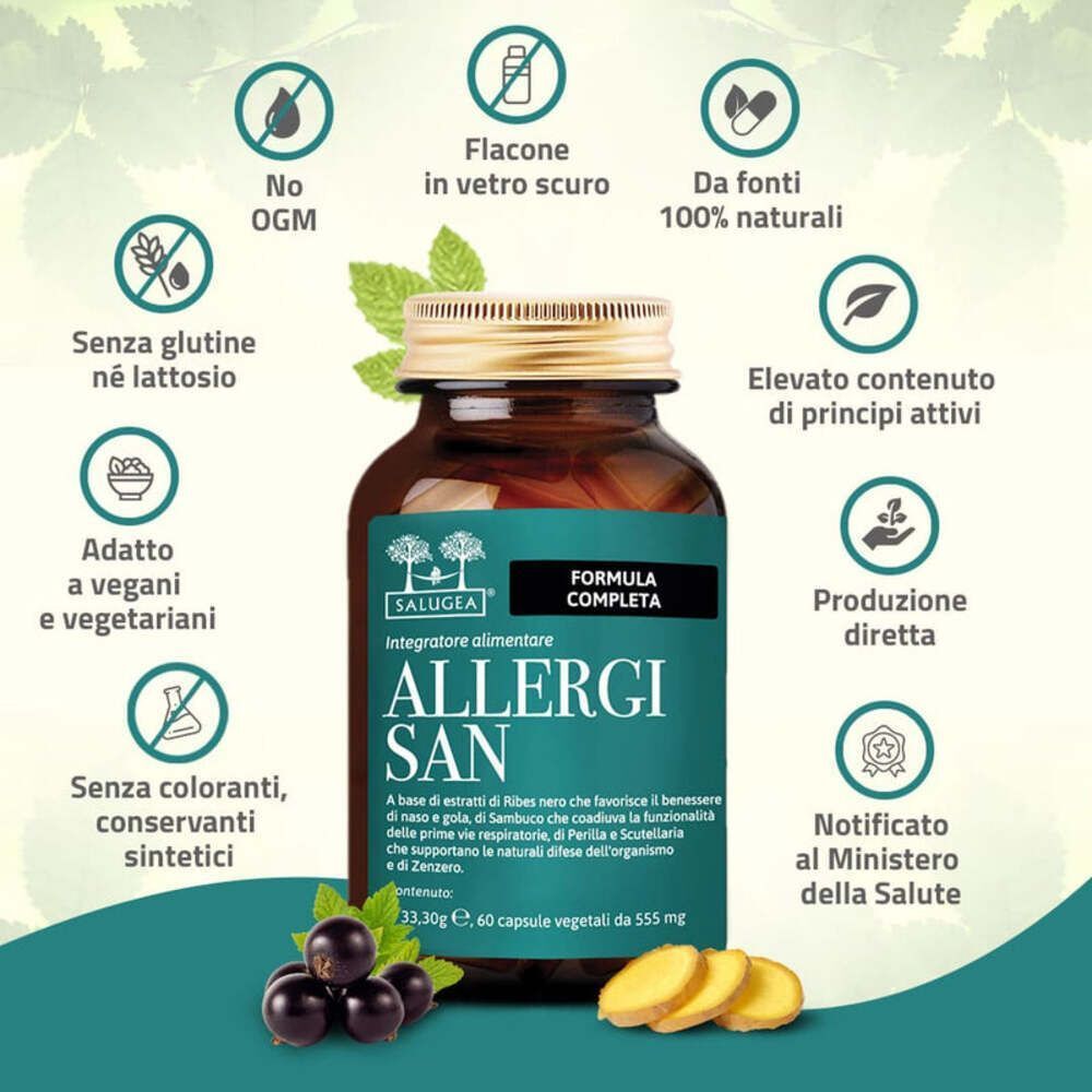 Flacone di Allergisan Salugea con icone per benefici e caratteristiche.