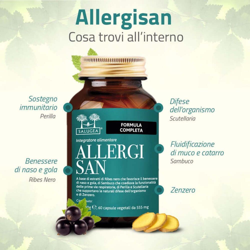 Flacone di Allergisan Salugea con icone per benefici e ingredienti.