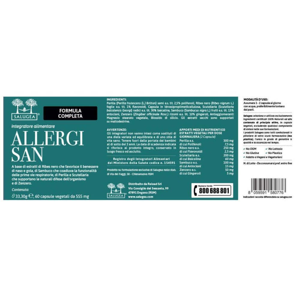 Retro di un flacone Allergisan Salugea con etichetta e informazioni.