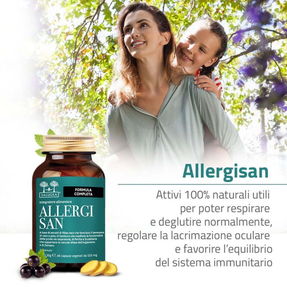 Una donna e una bambina all'aperto con una bottiglia di capsule Allergisan Salugea, che indica un supporto naturale per le vie respiratorie.
