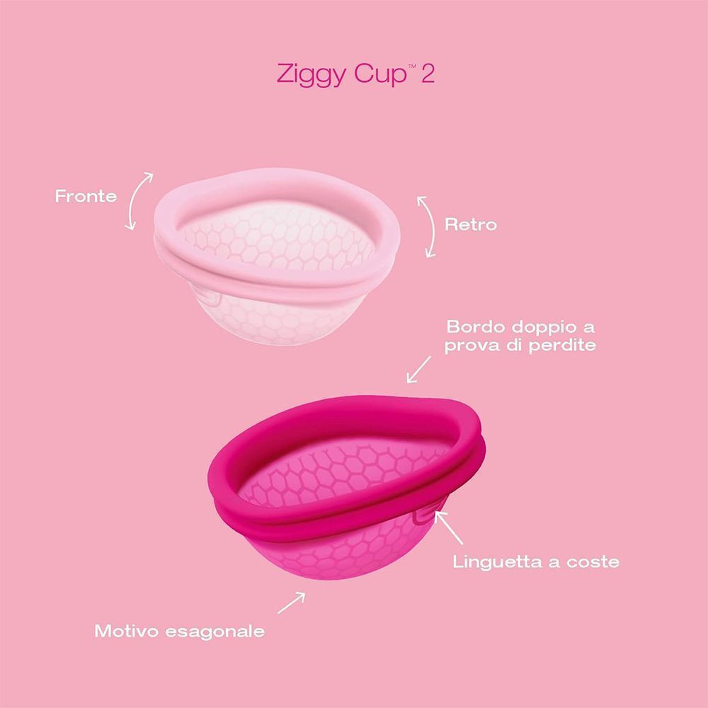 Due coppette mestruali rosa, vista frontale e posteriore, con annotazioni.
