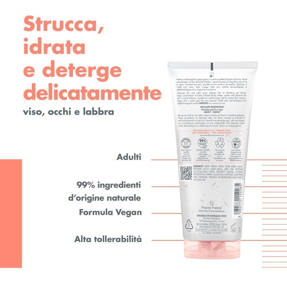 Tubo Avène Gelée Micellaire Demaquillante con informazioni su ingredienti e tollerabilità.