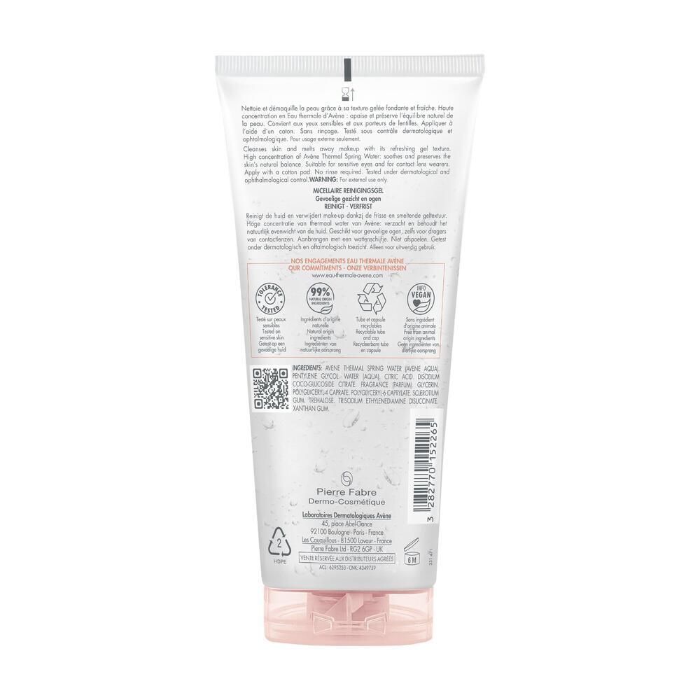 Retro di un tubo Eau Thermale Avène Gelée Micellaire Demaquillante con ingredienti e sigilli.