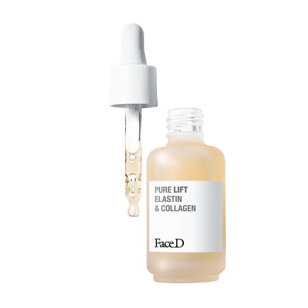 Flacone di siero Face D Pure Lift Elastina & Collagene con contagocce accanto.