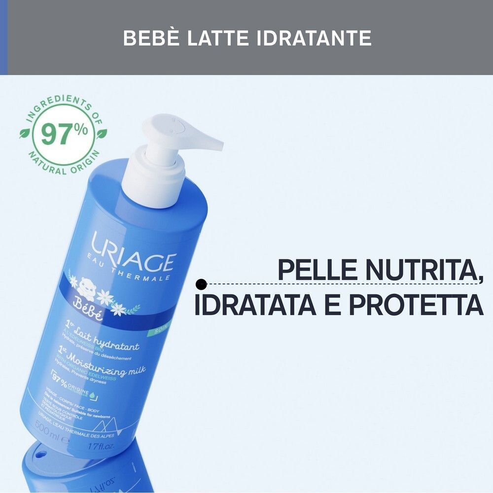 Flacone di Latte idratante URIAGE BEBE 1° con pompa, 97% ingredienti naturali, per pelle nutrita e idratata.