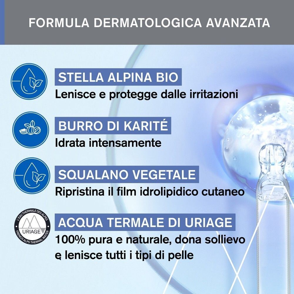 Formula con Stella Alpina Bio, Burro di Karité, Squalano vegetale e Acqua Termale di Uriage per pelli sensibili.