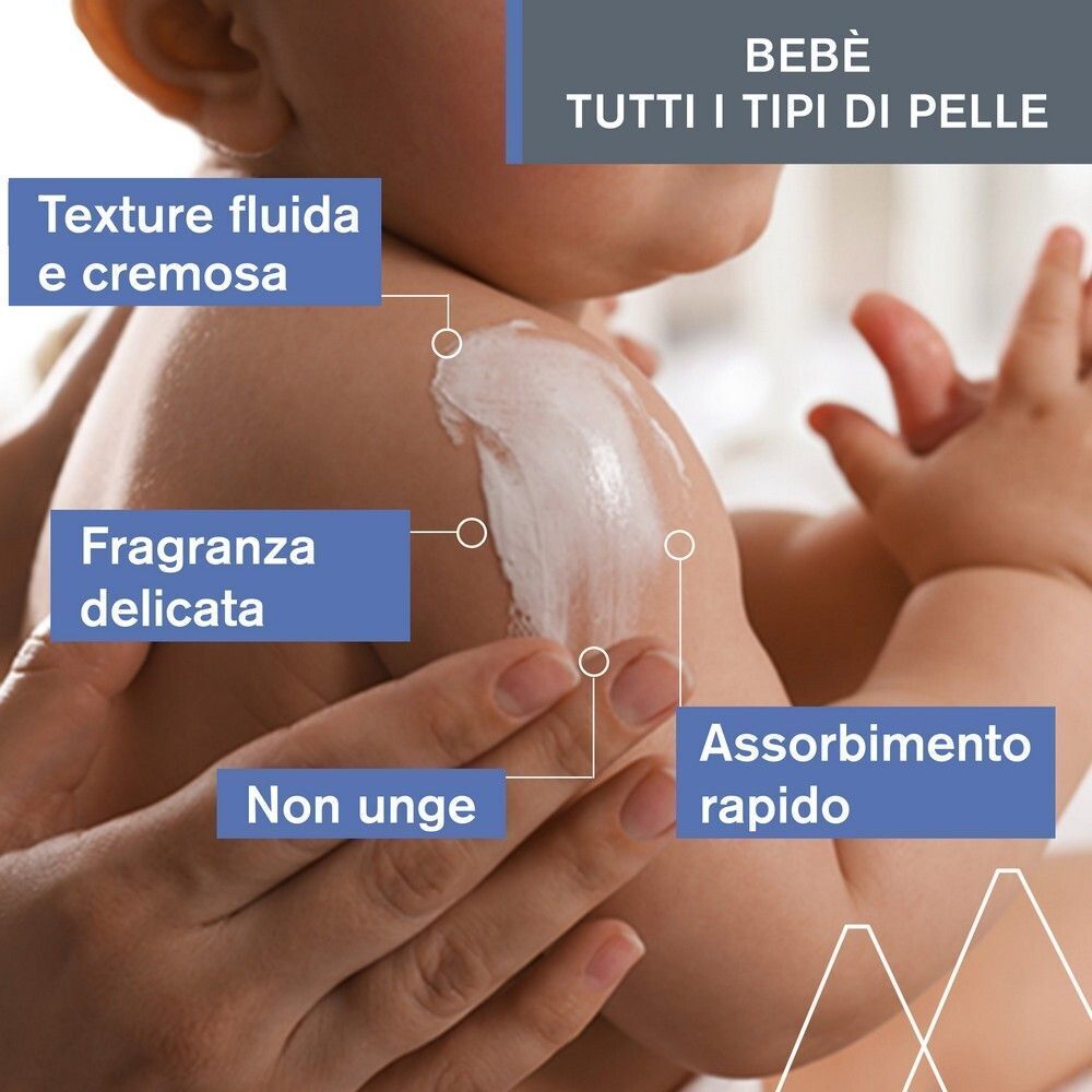 Pelle di neonato con latte idratante: texture fluida, profumo delicato, non unge, assorbimento rapido.