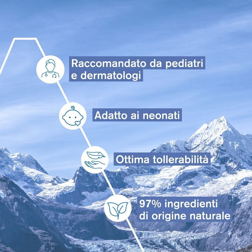 Icone e testo per Latte idratante URIAGE BEBE 1°: raccomandato da pediatri, per neonati, 97% naturale.