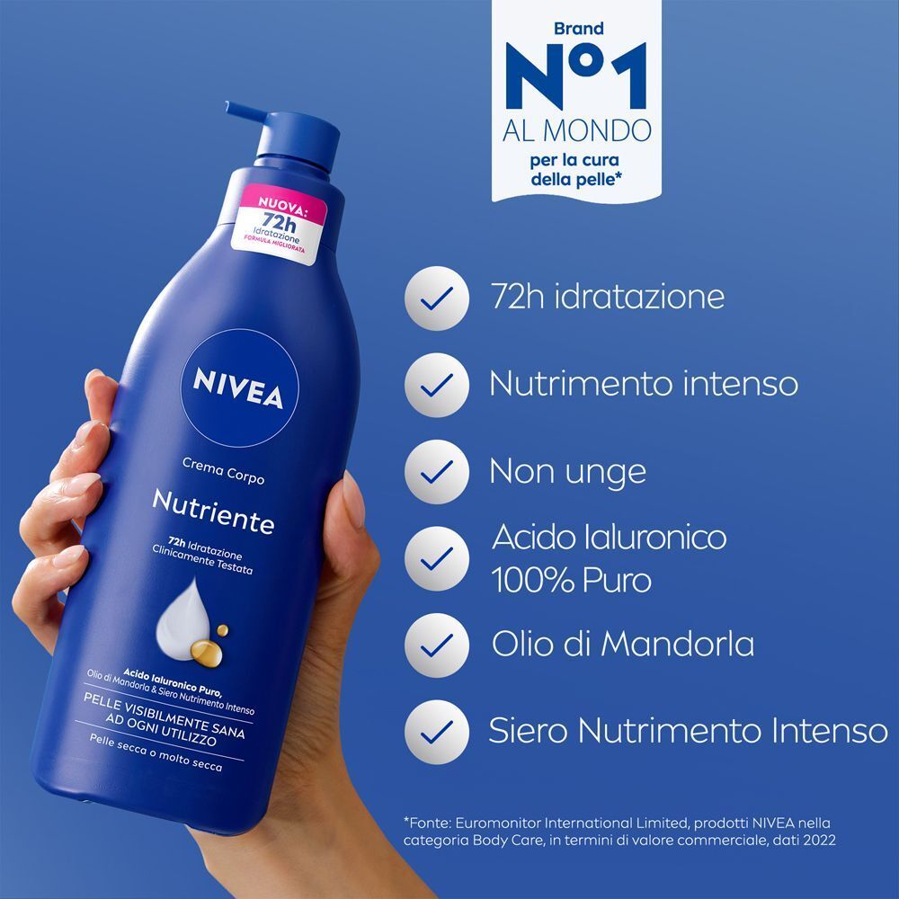 Flacone di Nivea Crema Corpo Nutriente con dispenser a pompa, tenuto in mano. Offre 72h di idratazione.