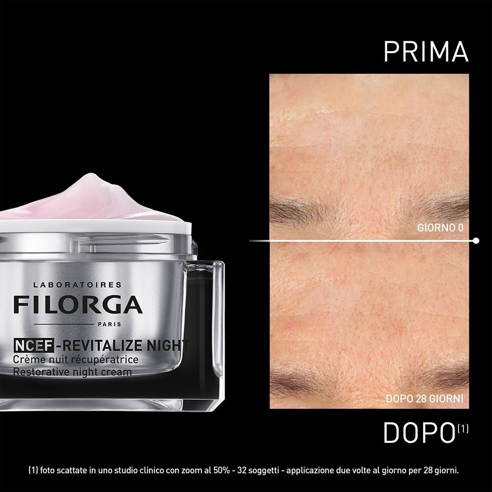 Confronto prima e dopo della pelle dopo l'uso della crema notte Filorga NCEF-Revitalize.