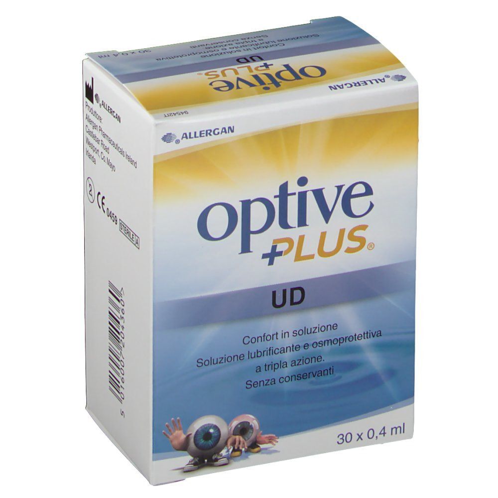 Confezione di Optive Plus UD collirio, fronte con nome del prodotto e illustrazione di occhi.