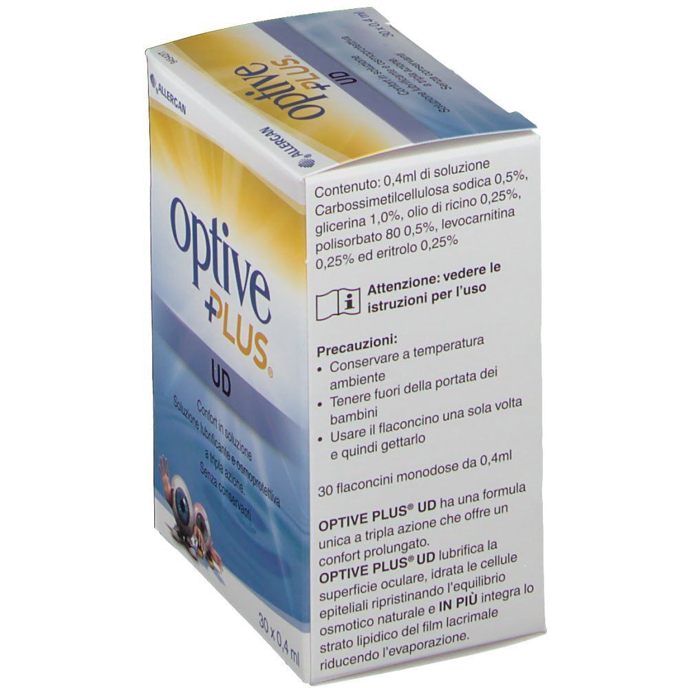 Retro di una confezione di Optive Plus UD collirio con ingredienti e istruzioni.
