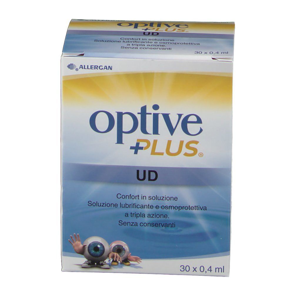 Confezione di Optive Plus UD collirio, fronte con nome del prodotto e illustrazione di occhi.