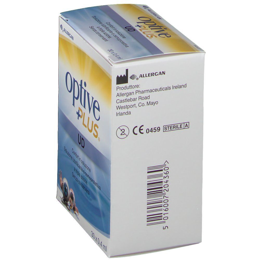 Confezione di collirio Optive Plus UD con dettagli del produttore e marchio CE 0459.