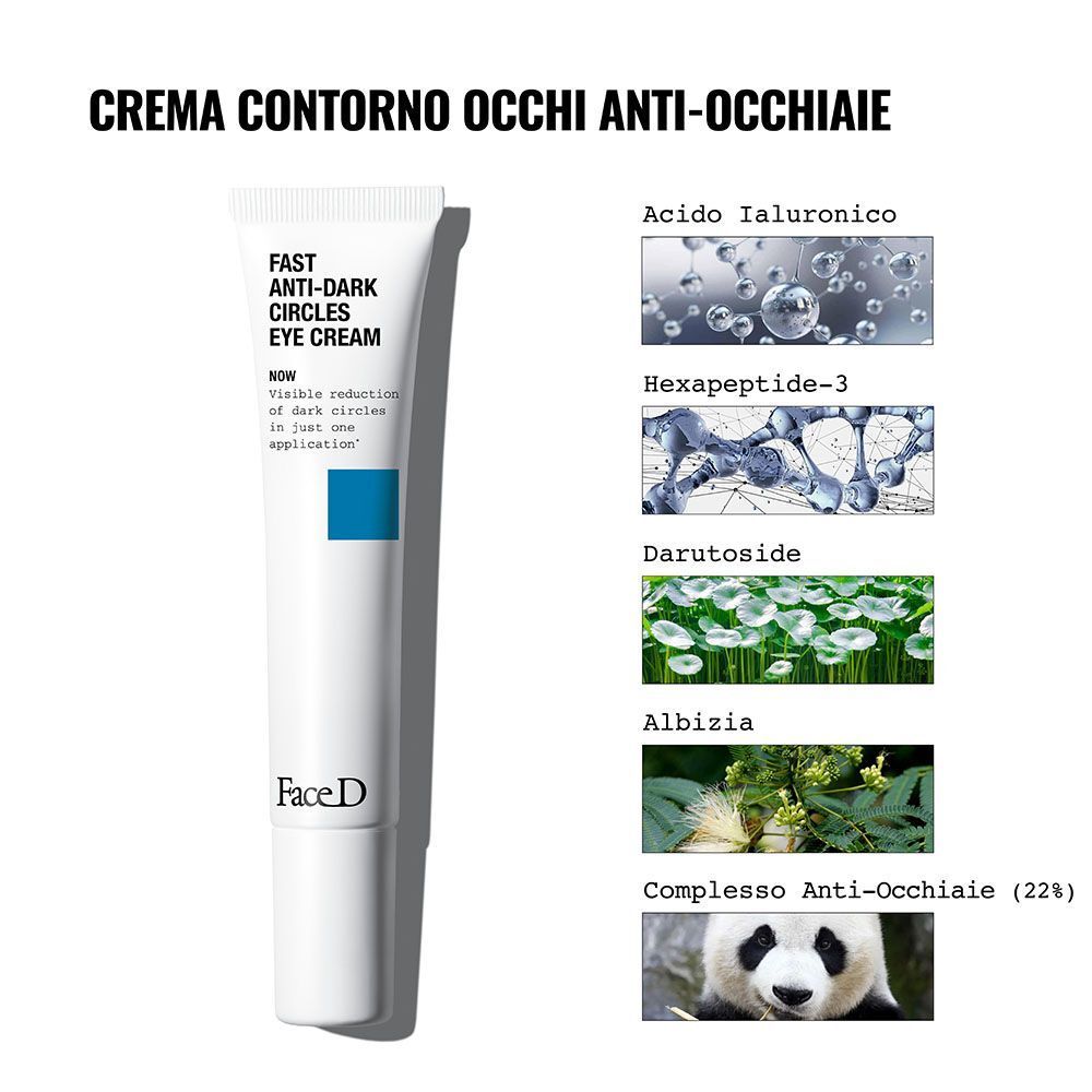 Tubo Face D Anti-Dark Circles Eye Cream con immagini degli ingredienti come Acido Ialuronico.