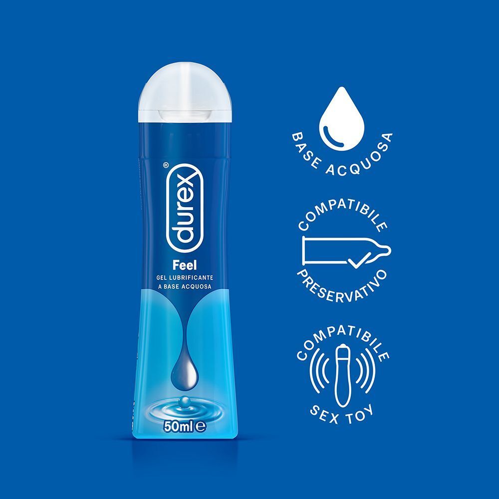 Flacone di gel lubrificante Durex Feel con simboli per base acquosa, compatibilità preservativo e sex toy.