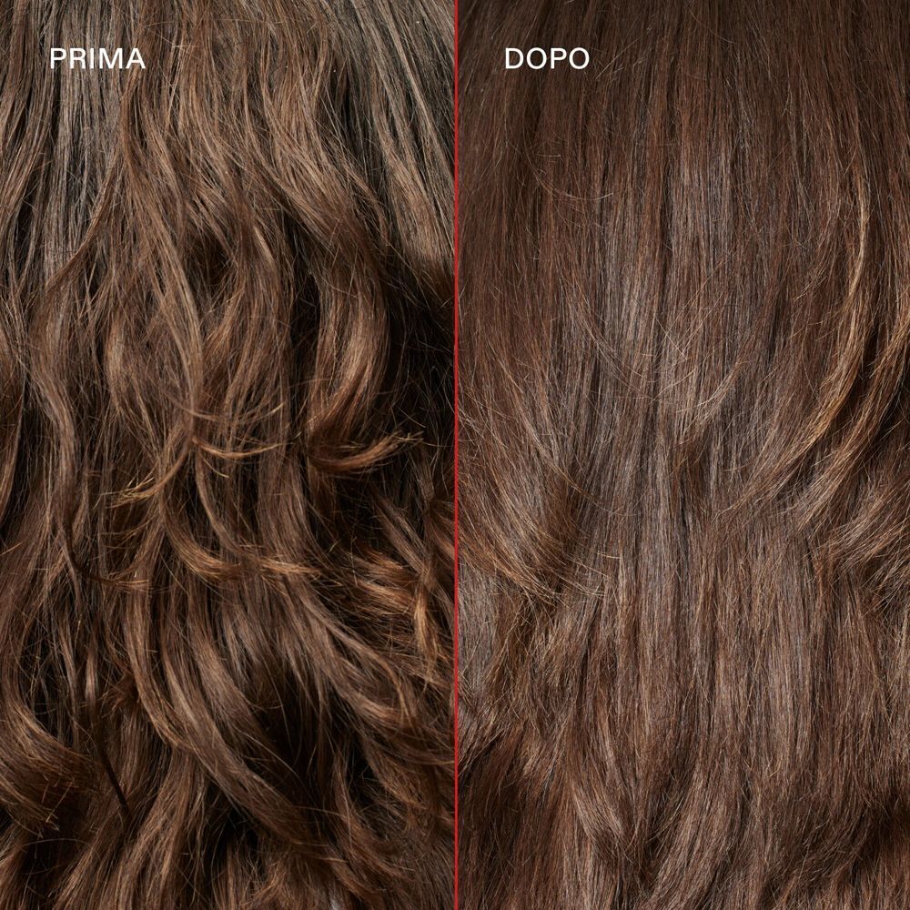 Confronto prima e dopo di capelli castani ondulati, resi lisci da Olaplex N°.5.