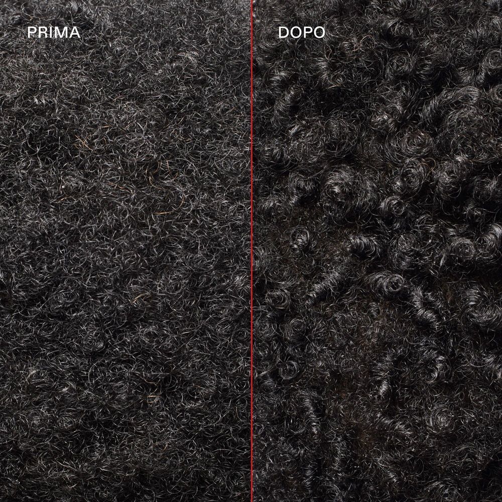 Confronto prima e dopo di capelli scuri e ricci, migliorati da Olaplex N°.5.