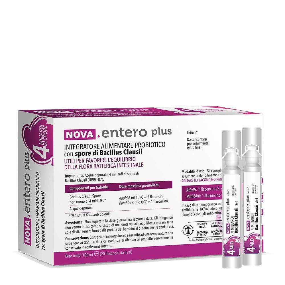 Confezione NOVA.entero plus con quattro flaconcini, integratore alimentare probiotico con spore di Bacillus Clausii.
