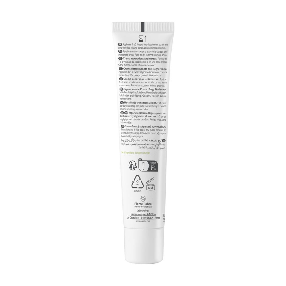 Retro di un tubo di crema A-Derma Epitheliale Ultra Repair con istruzioni per l'uso e simboli.