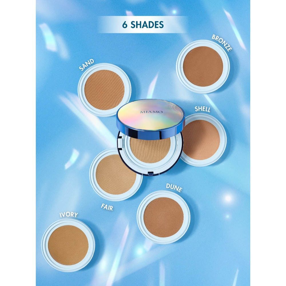 Sei Miamo Second Skin Mesh Cushion Foundation disposti in varie tonalità.
