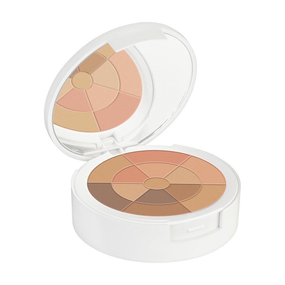 Cipria Mosaico Sole Couvrance aperta in astuccio bianco con specchio.