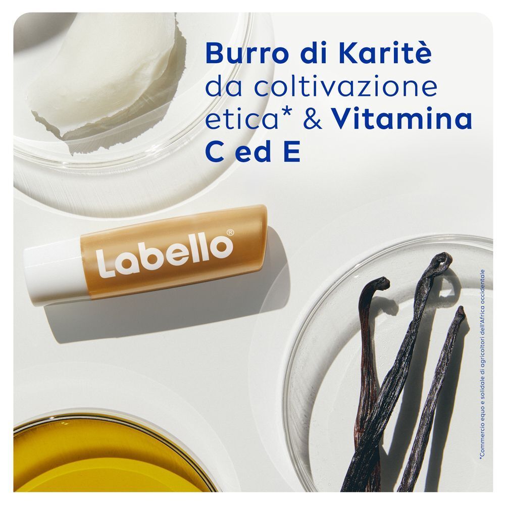 Balsamo labbra Labello Vanilla Buttercream con burro di karité e vitamine.