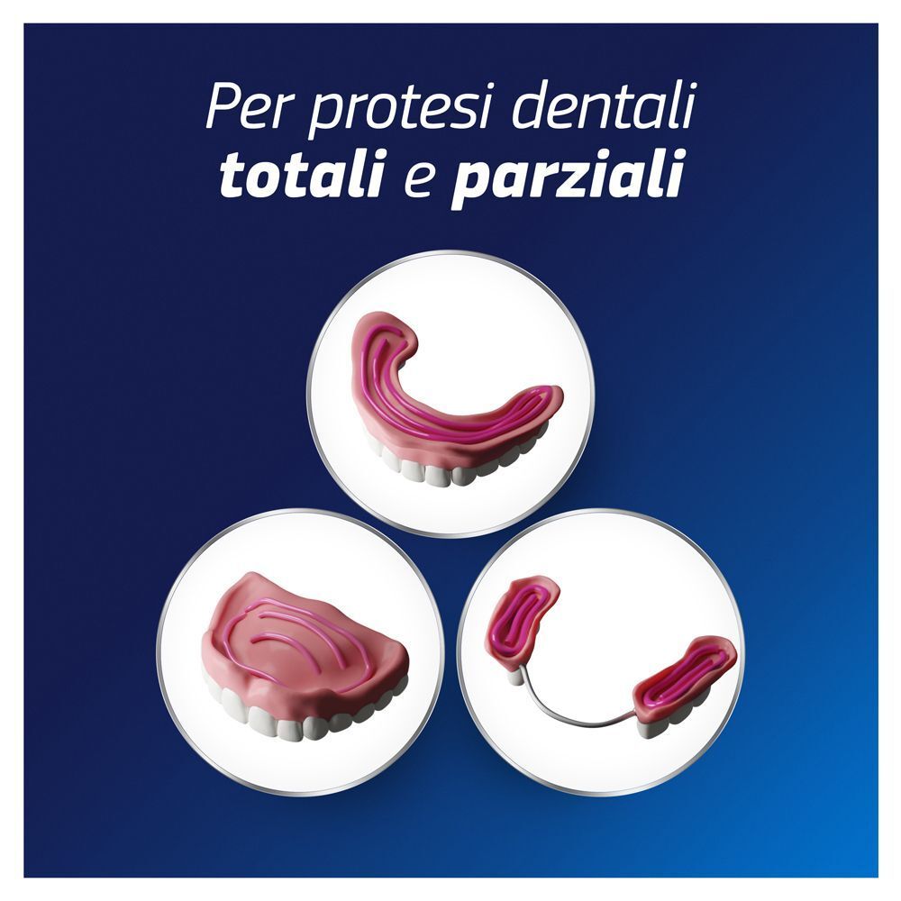 Tre rappresentazioni di protesi dentarie con crema adesiva Kukident.