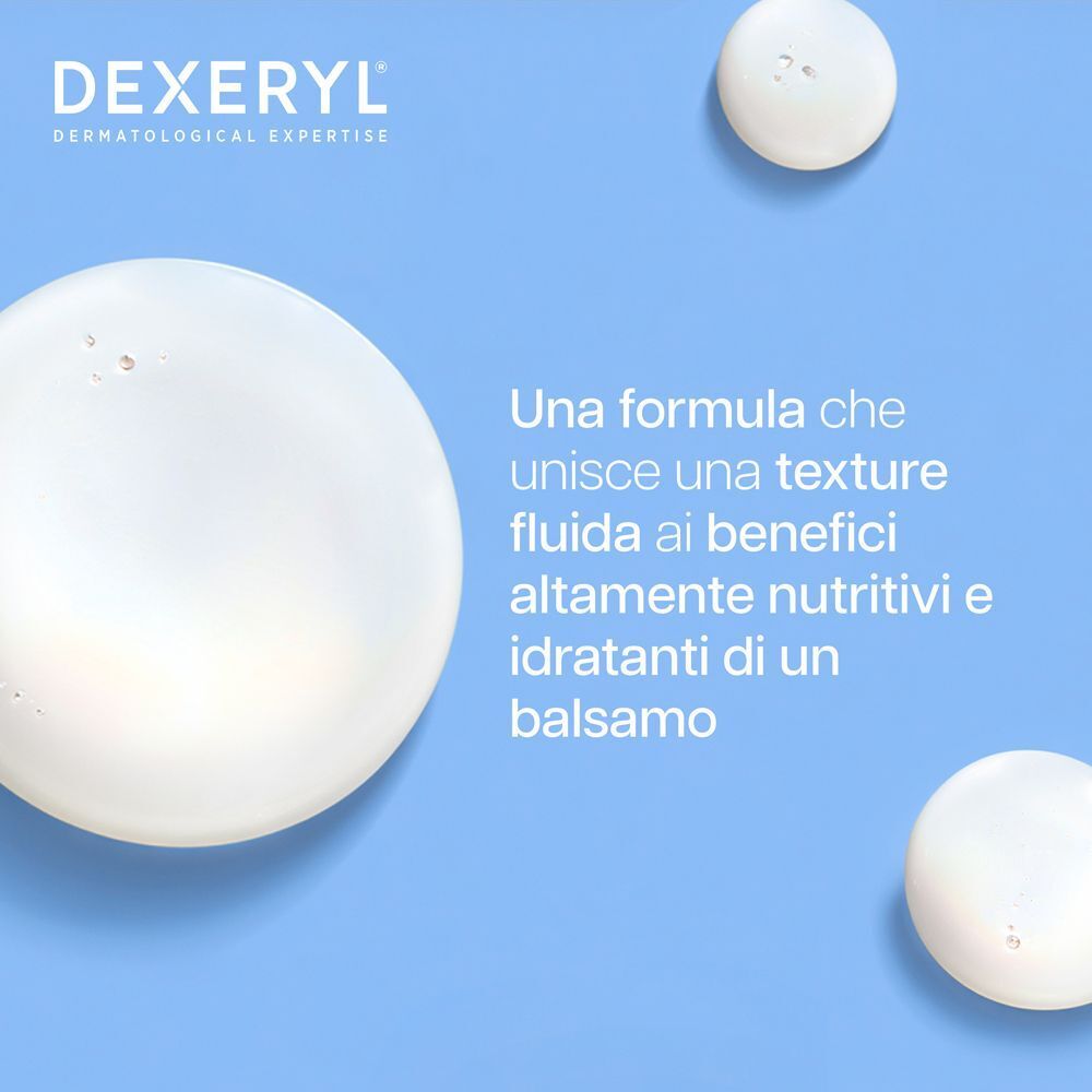 Grandi gocce con testo Dexeryl Latte Nutritivo su texture fluida e benefici balsamo.