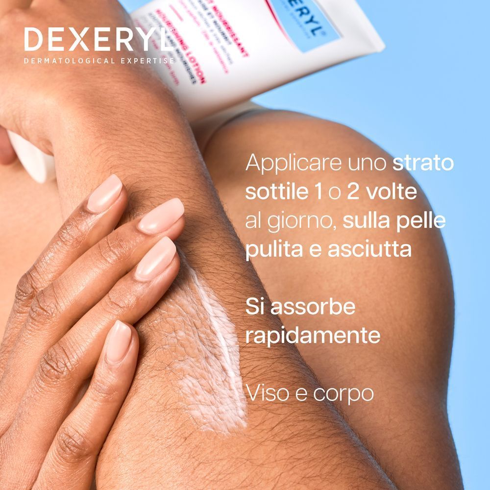 Applicazione di Dexeryl Latte Nutritivo su un braccio, si assorbe rapidamente.