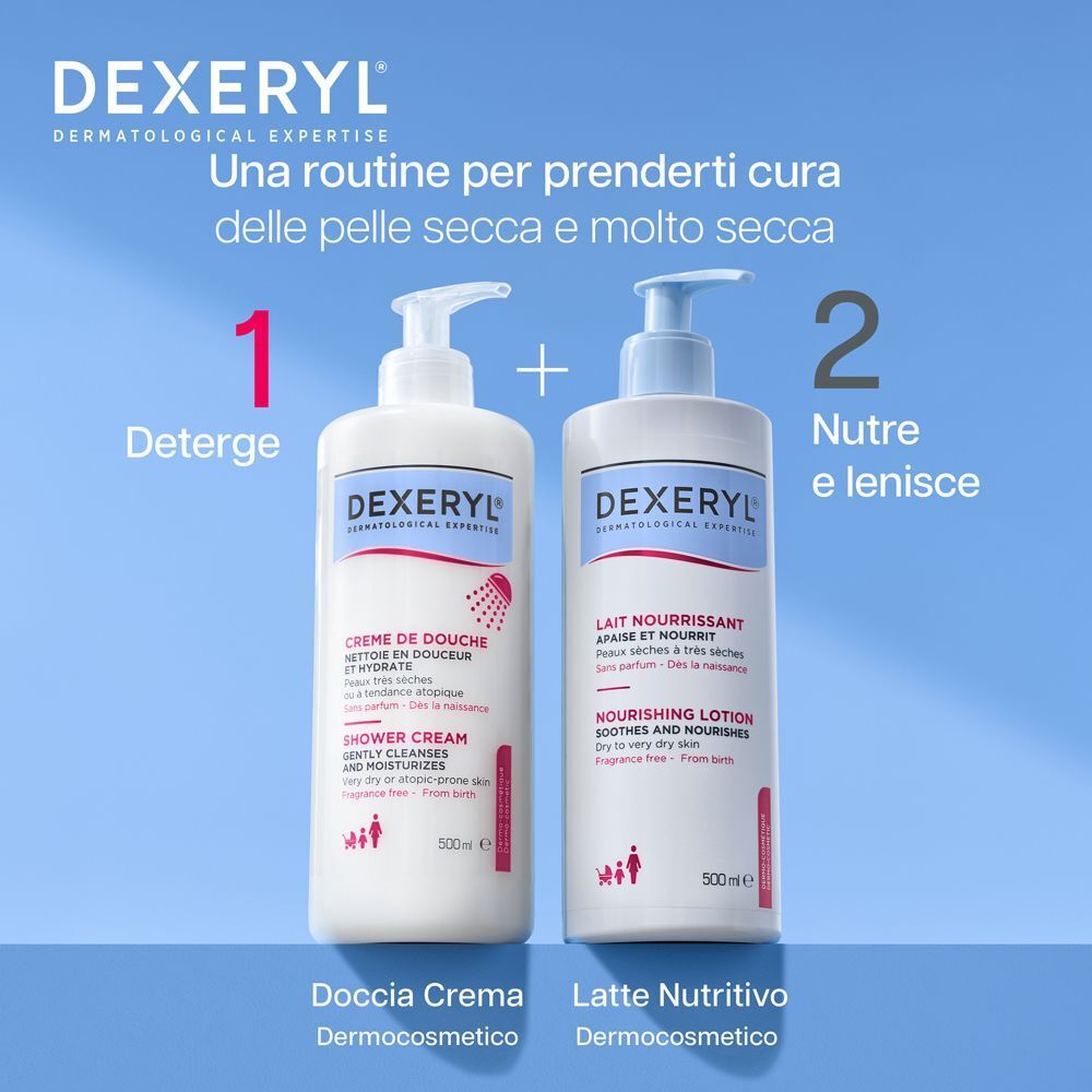 Due flaconi pompa: Dexeryl Crema Doccia e Dexeryl Latte Nutritivo.