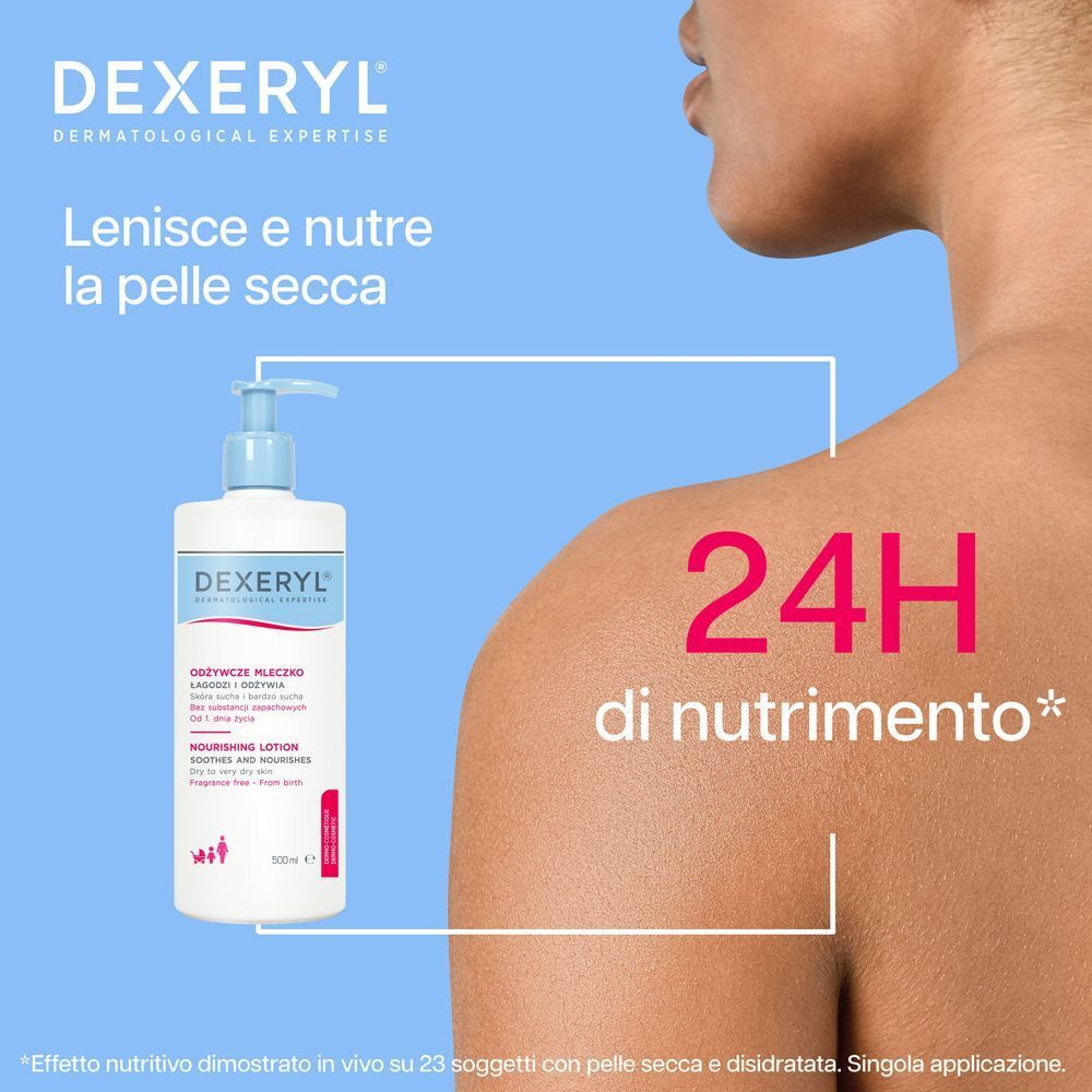 Un flacone pompa bianco Dexeryl Latte Nutritivo sulla spalla di una persona.